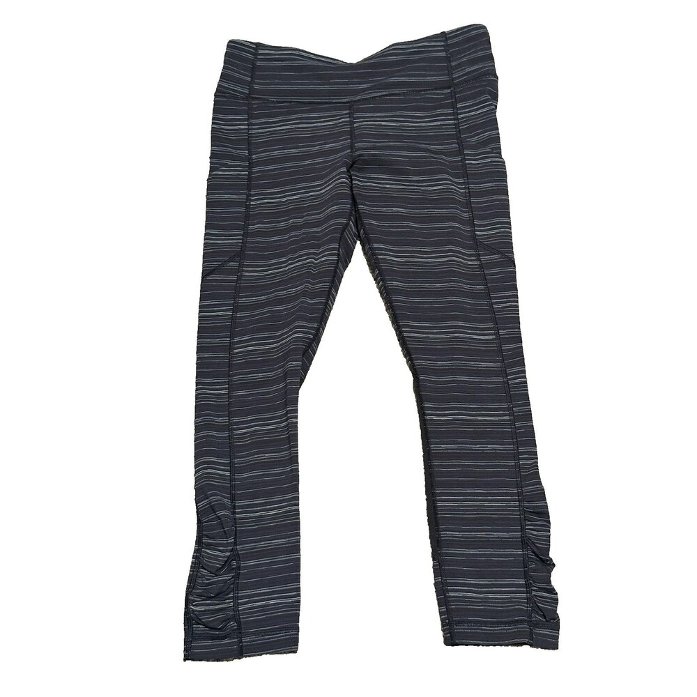 Lululemon Womens Space Rival Crop Leggings Size 8 Blue White Stripe Side Pockets
